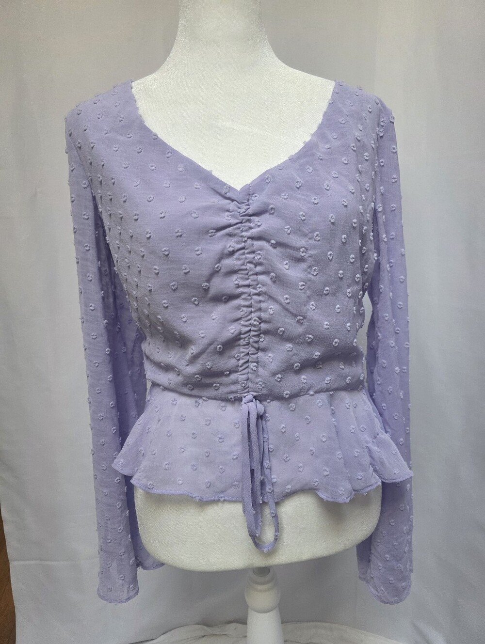 Lucy Paris Lavender Swiss Dot Ruched Peplum Long Sleeve Blouse Size M